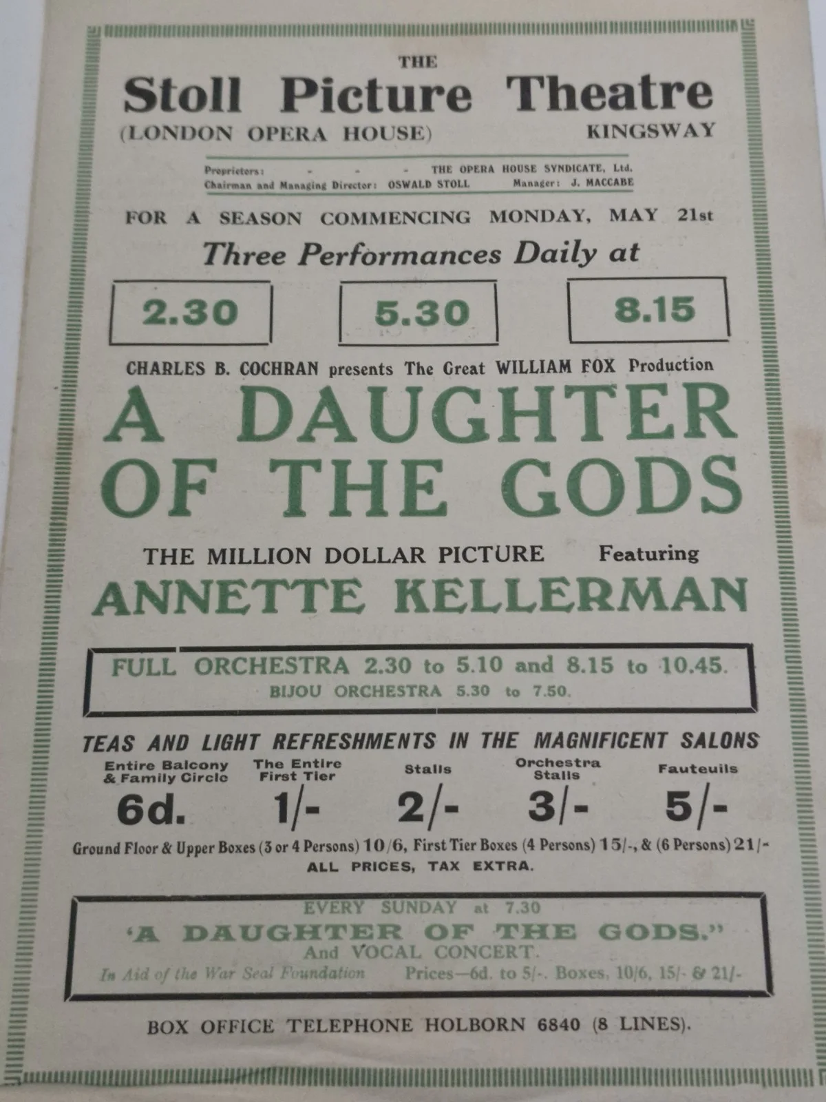 1916 SILENT FILM PROGRAMME " A DAUGHTER OF THE GODS" WILLIAM FOX STUDIOS, изображение 3