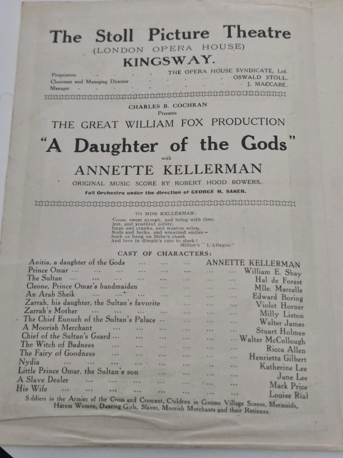 1916 SILENT FILM PROGRAMME " A DAUGHTER OF THE GODS" WILLIAM FOX STUDIOS, изображение 4