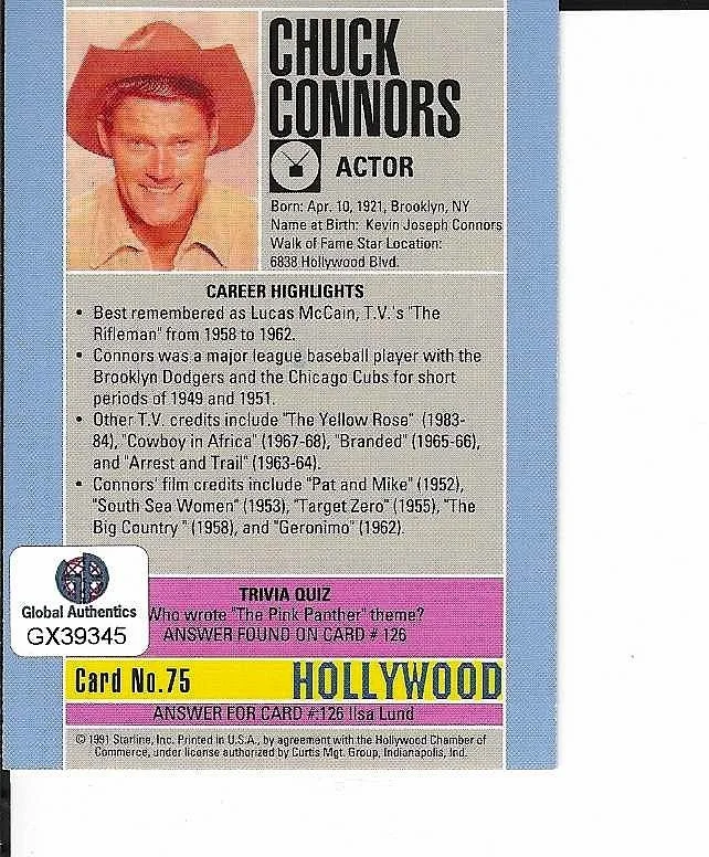 CHUCK CONNORS — CHUCK CONNORS - RIFFLEMAN HAND SIGNED 1991 HOLLYWOOD TRADING CARD #75 - COA GA, изображение 3