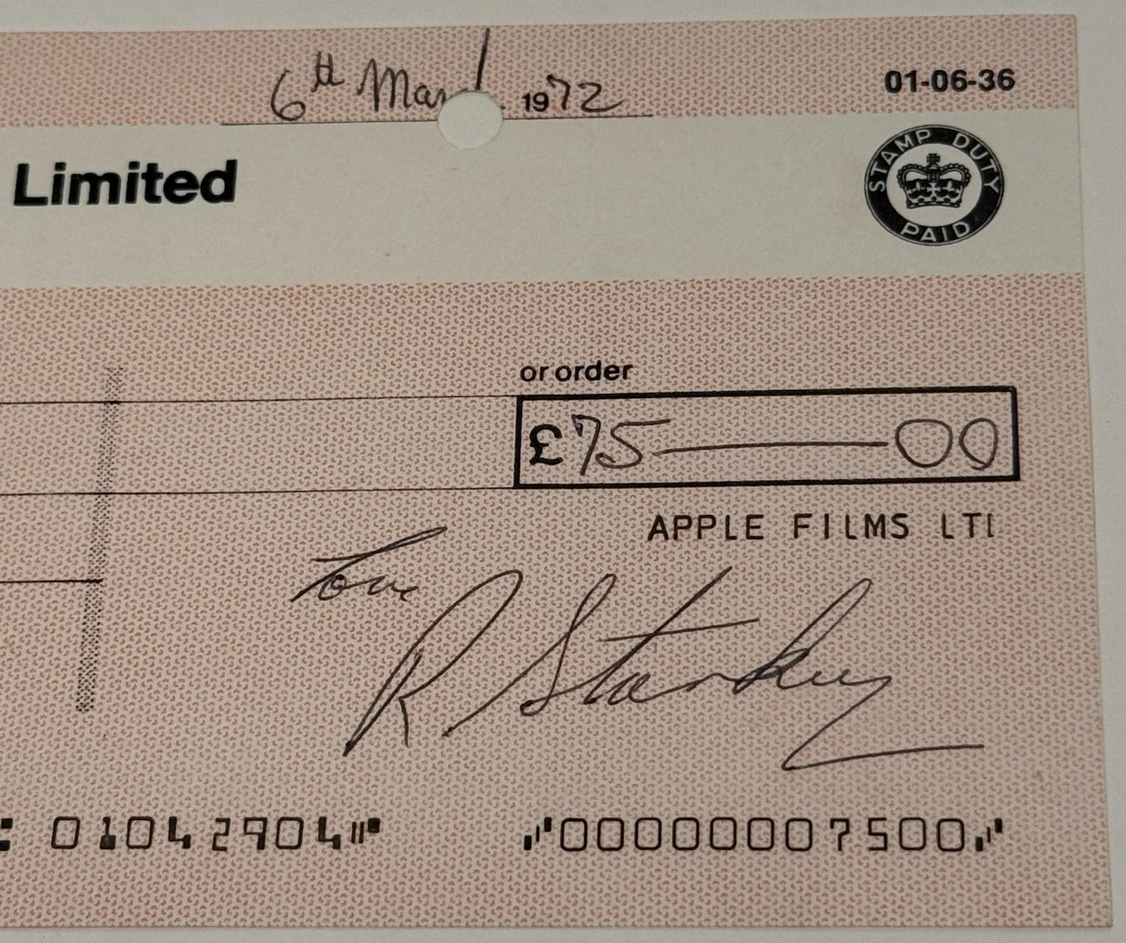 Ringo Starr Signed 1972 Apple Films LTD Check The Beatles PSA Beckett Authentic, image 2
