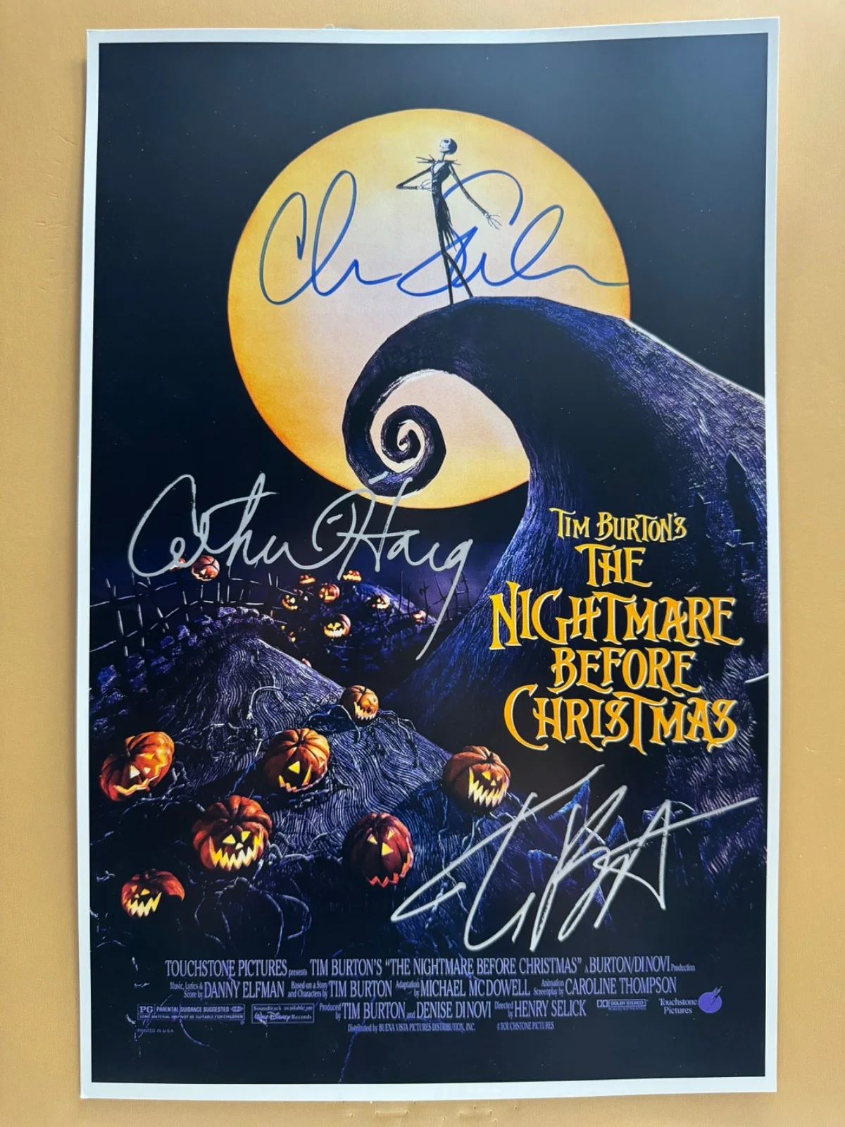 Chris Sarandon, Catherine O’Hara, Tim Burton — SIGNED THE NIGHTMARE BEFORE CHRISTMAS 11x17 Movie Poster COA by 3 of the actors