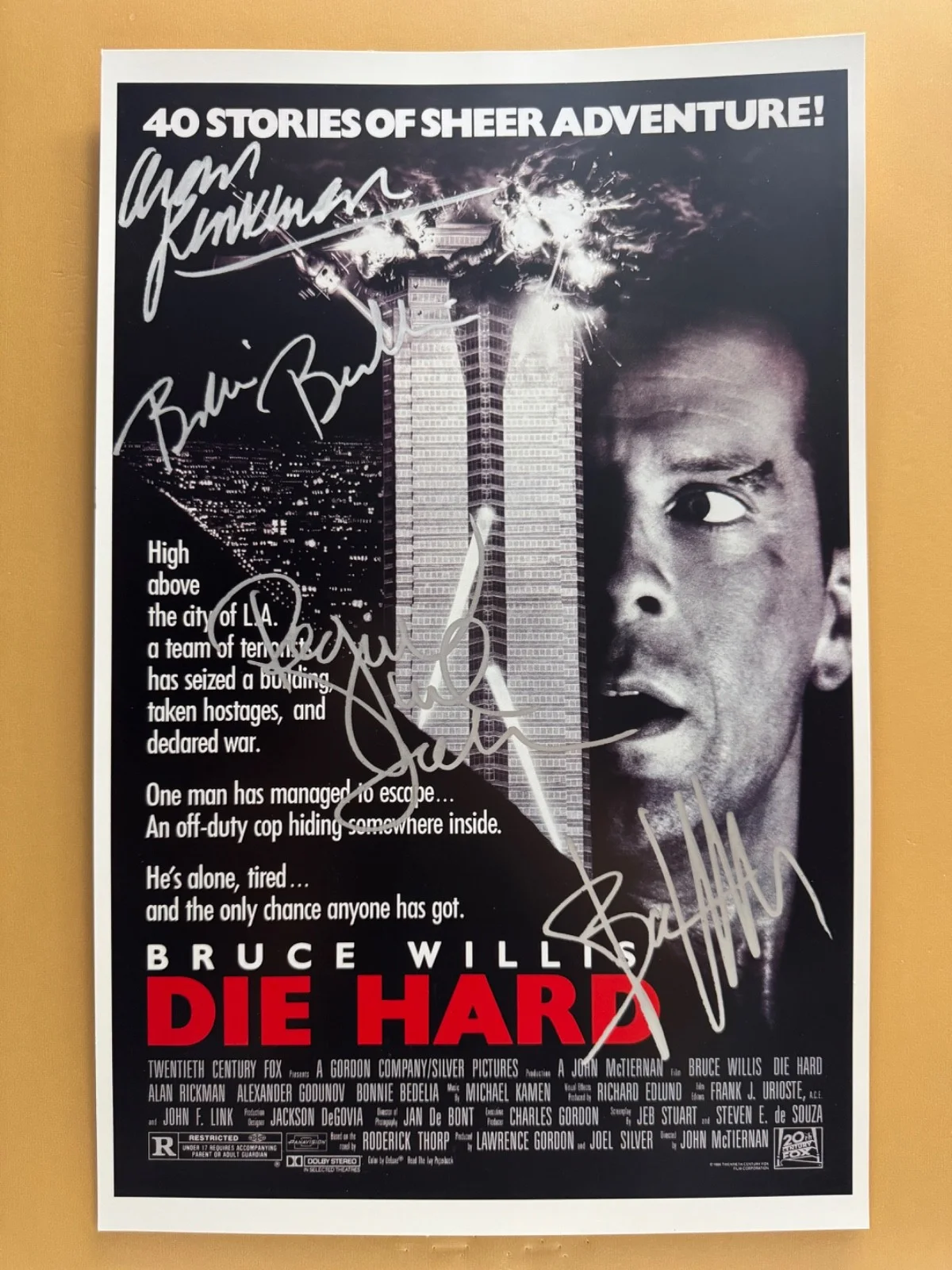 Bruce Willis, Reginald VelJohnson, Alan Rickman, and — SIGNED DIE HARD 11x17 Movie Poster COA by 4 of the actors - Shipped FREE