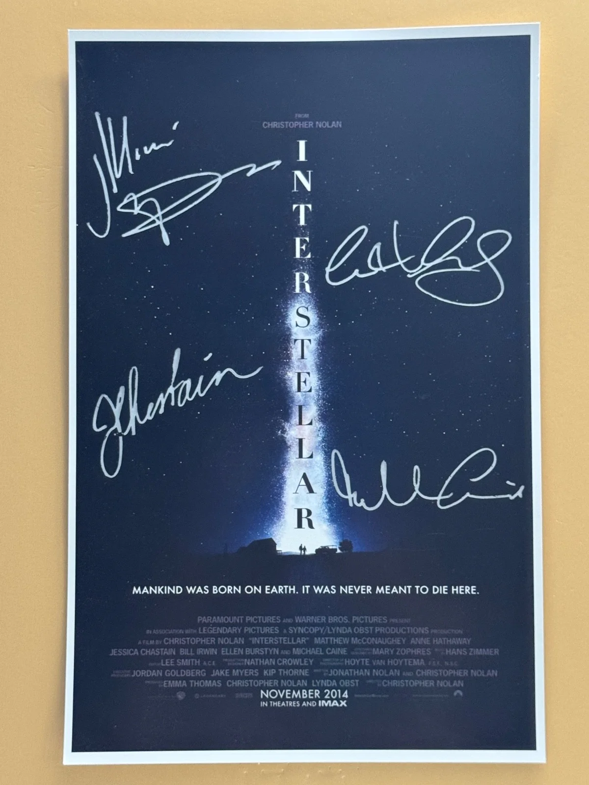 Matthew McConaughey, Anne Hathaway, Jessica Chastain — SIGNED INTERSTELLAR 11x17 Movie Poster COA by 4 of the actors - Shipped FREE