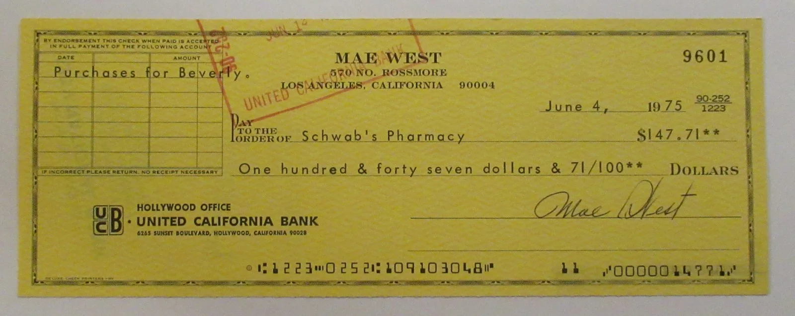 MAE WEST — MAE WEST SIGNED CHECK AUTOGRAPH TO SCHWAB'S PHARMACY FOR HER SISTER BEVERLY 1975