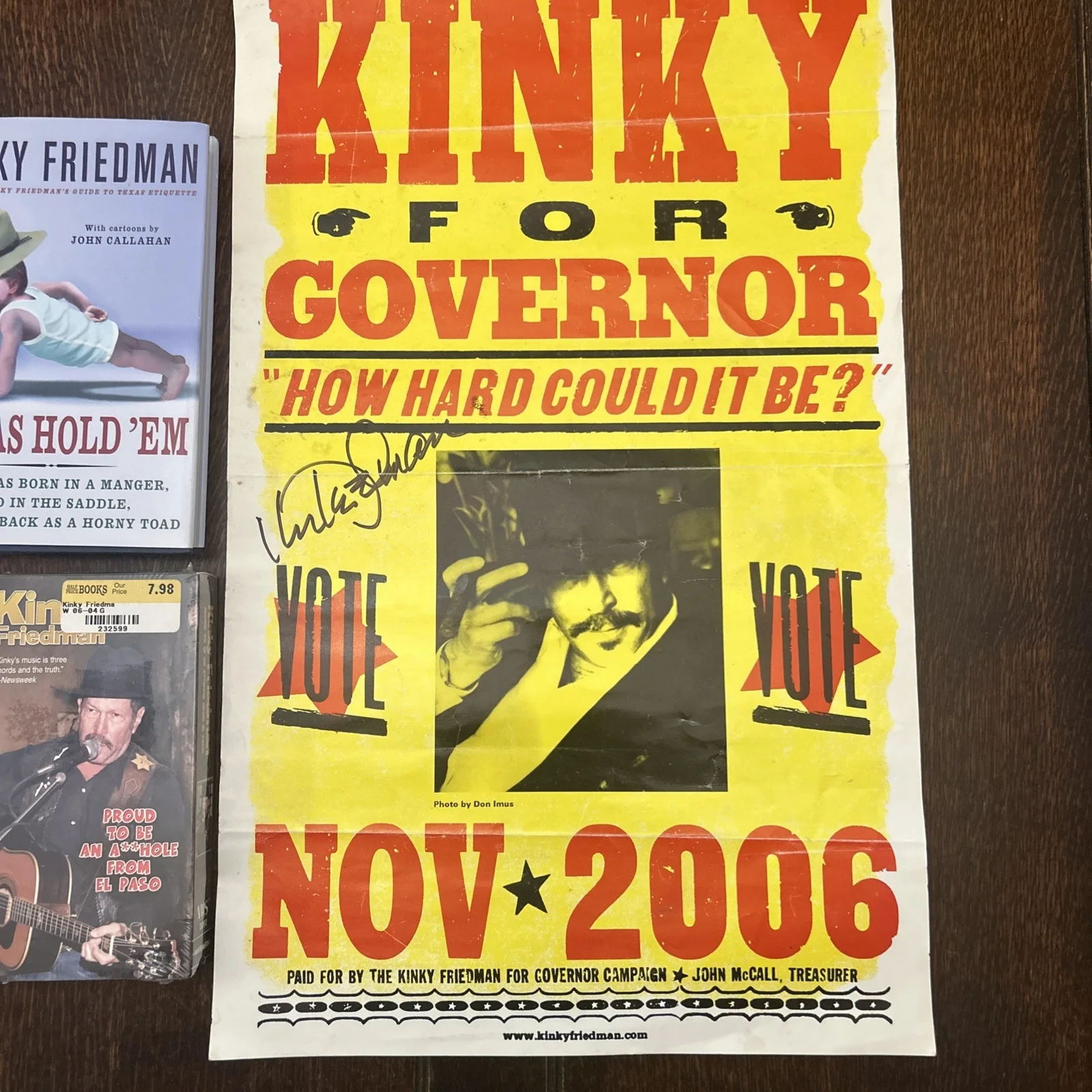 KINKY FRIEDMAN For Governor SIGNED Poster + Book And Sealed VHS Don Imus Photo, изображение 2