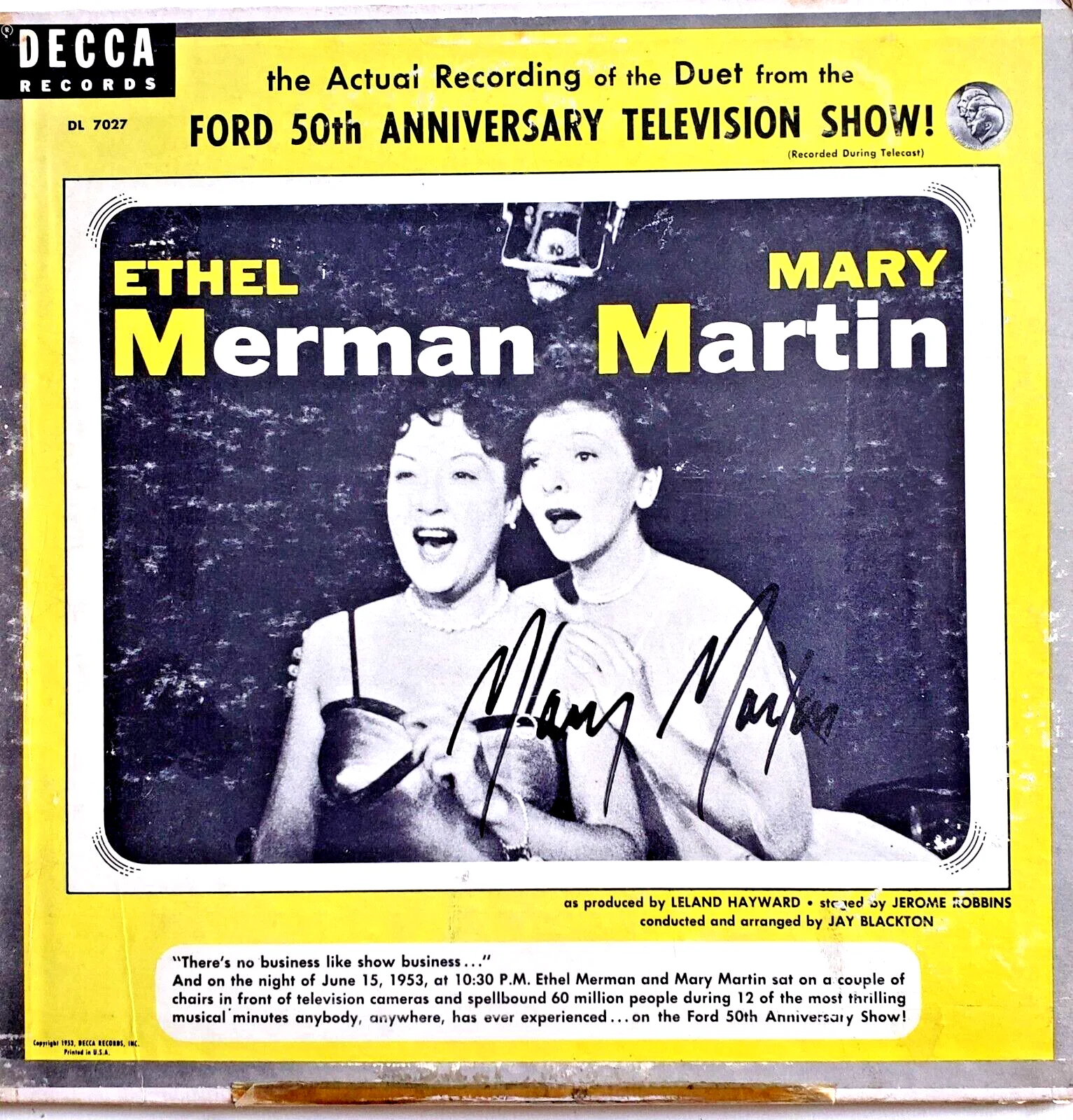 Mary Martin — MARY MARTIN Hand Signed ETHEL MERMAN Ford 50th Anniversary TV Show Decca LP 1953