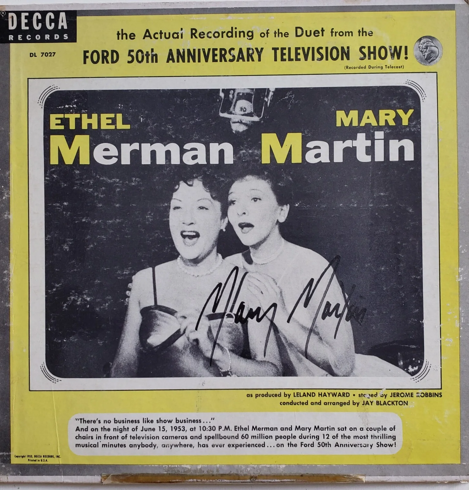 Mary Martin — MARY MARTIN Hand Signed ETHEL MERMAN Ford 50th Anniversary TV Show Decca LP 1953, изображение 3