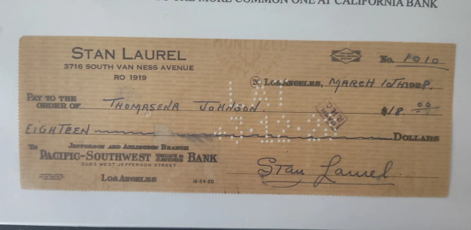 Stan Laurel — Stan Laurel signed check, image 2