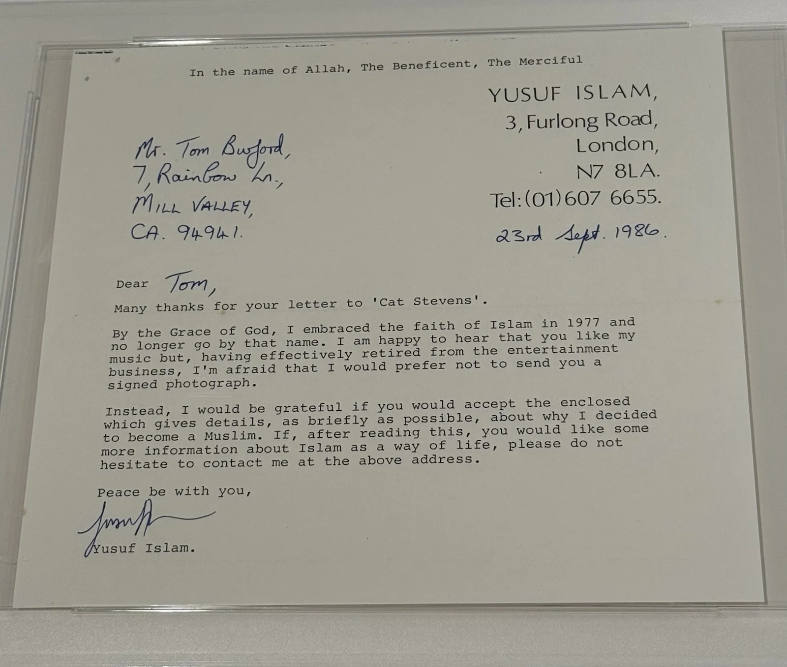 Yusuf Islam Signed Fan Letter Response 1986 Cat Stevens PSA Authentic Autograph, image 2