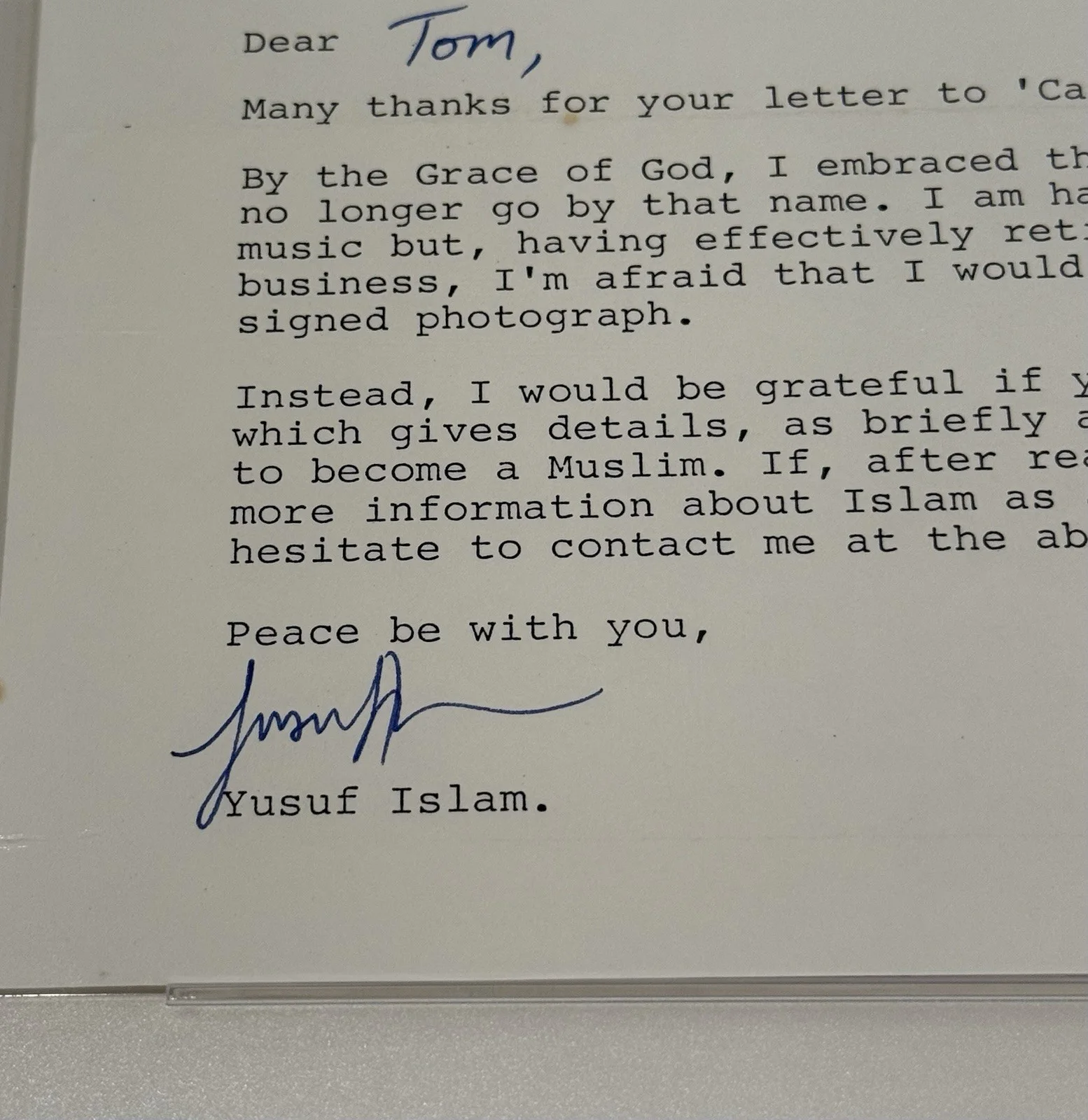 Yusuf Islam Signed Fan Letter Response 1986 Cat Stevens PSA Authentic Autograph, image 3
