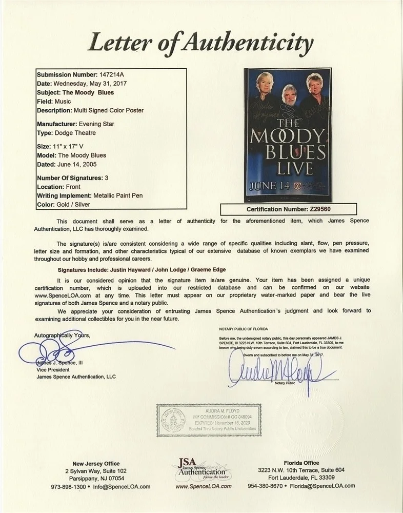 Moody Blues 2005 concert tour signed x3 limited edt autographed GIG poster w/JSA, изображение 2