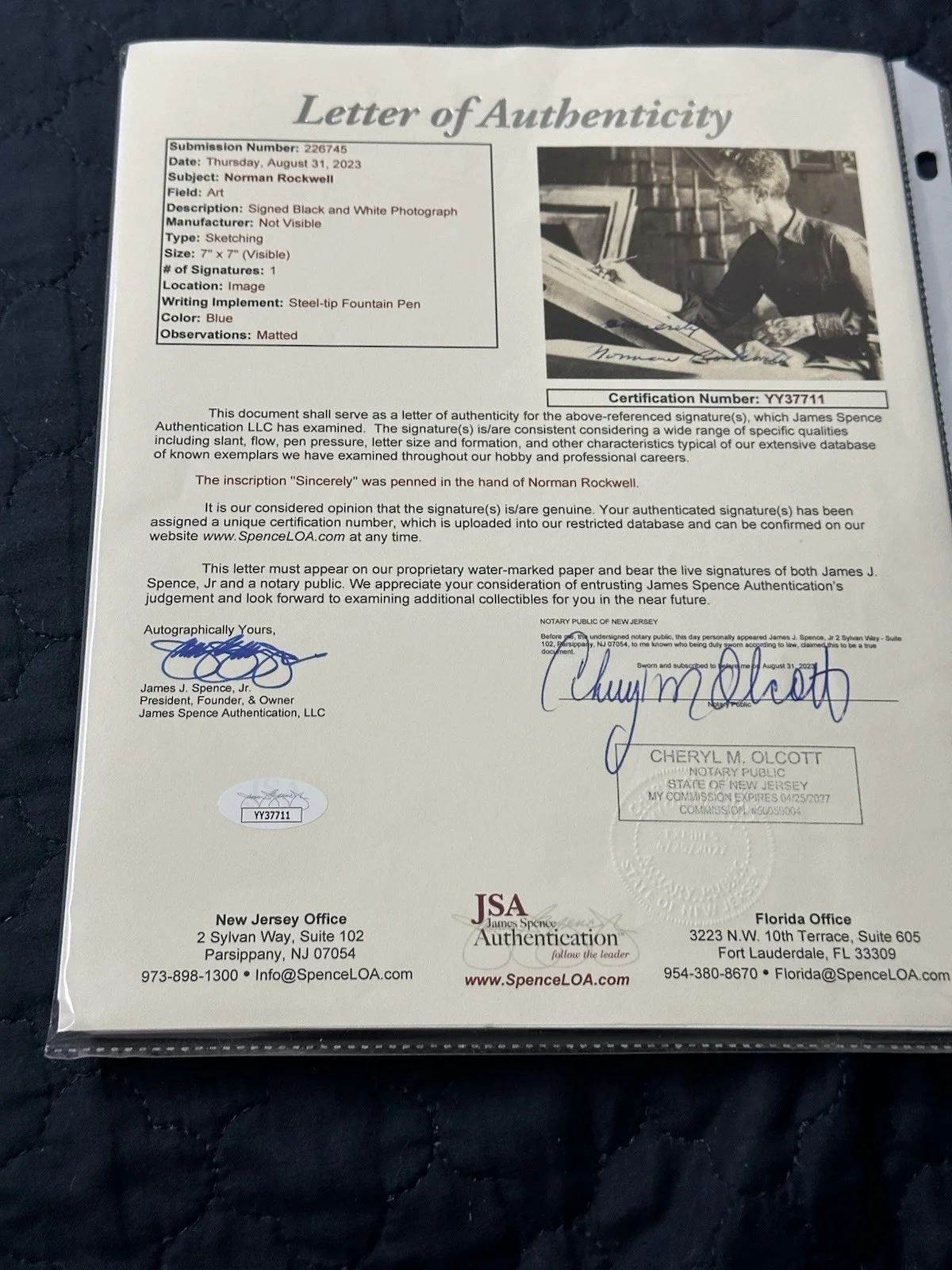 Norman Rockwell, "Autographed" (JSA) Deluxe Matted Signed Photo (Scarce), изображение 3