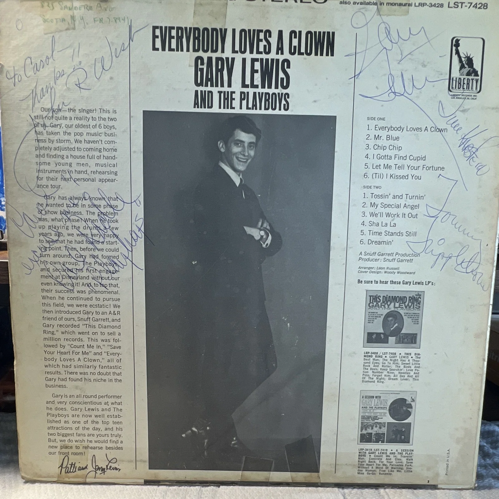 Gary Lewis & The Playboys Everybody Loves a Clown Liberty LST-7428 Signed Record, изображение 2