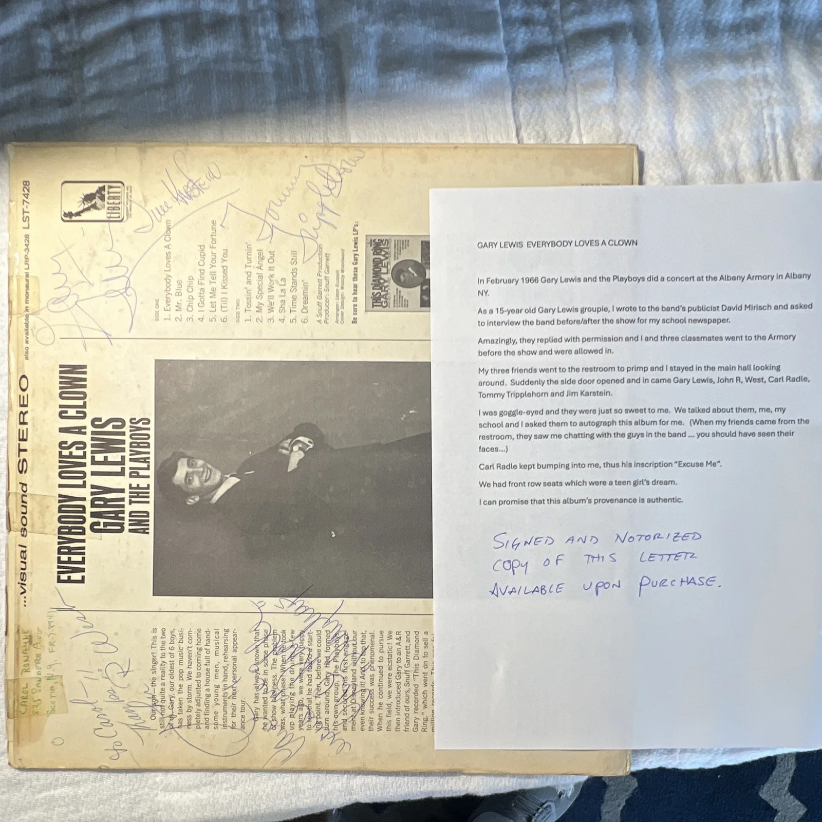 Gary Lewis & The Playboys Everybody Loves a Clown Liberty LST-7428 Signed Record, изображение 3
