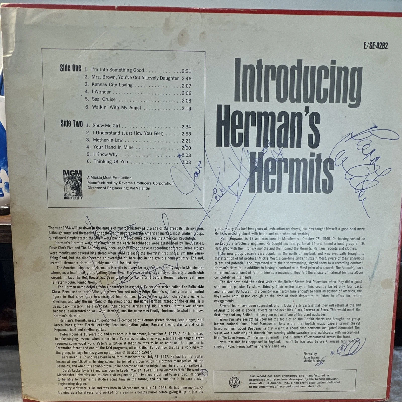 Herman's Hermits Introducing Herman's Hermits MGM E/SE 4282 Signed LP Record, image 2