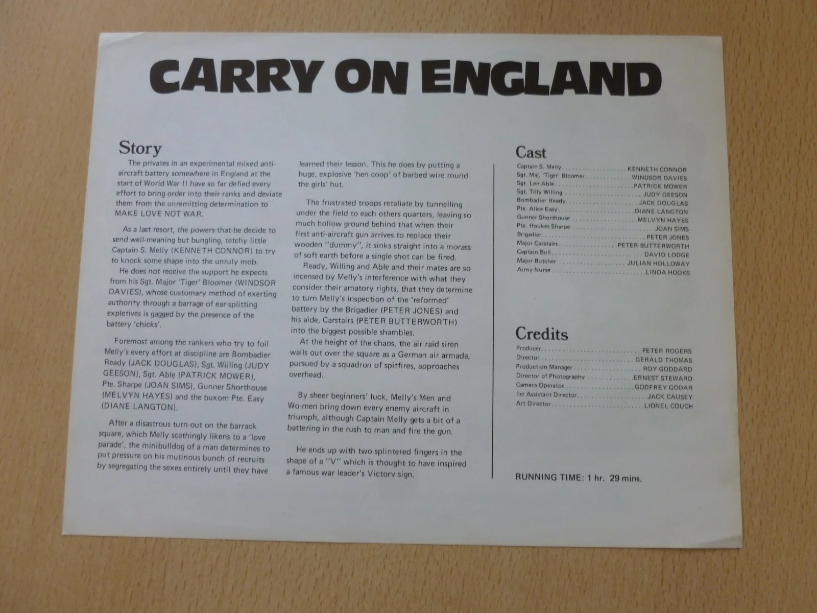 Carry On England Synopsis Sheet Kenneth Connor Joan Sims Peter Butterworth, image 2
