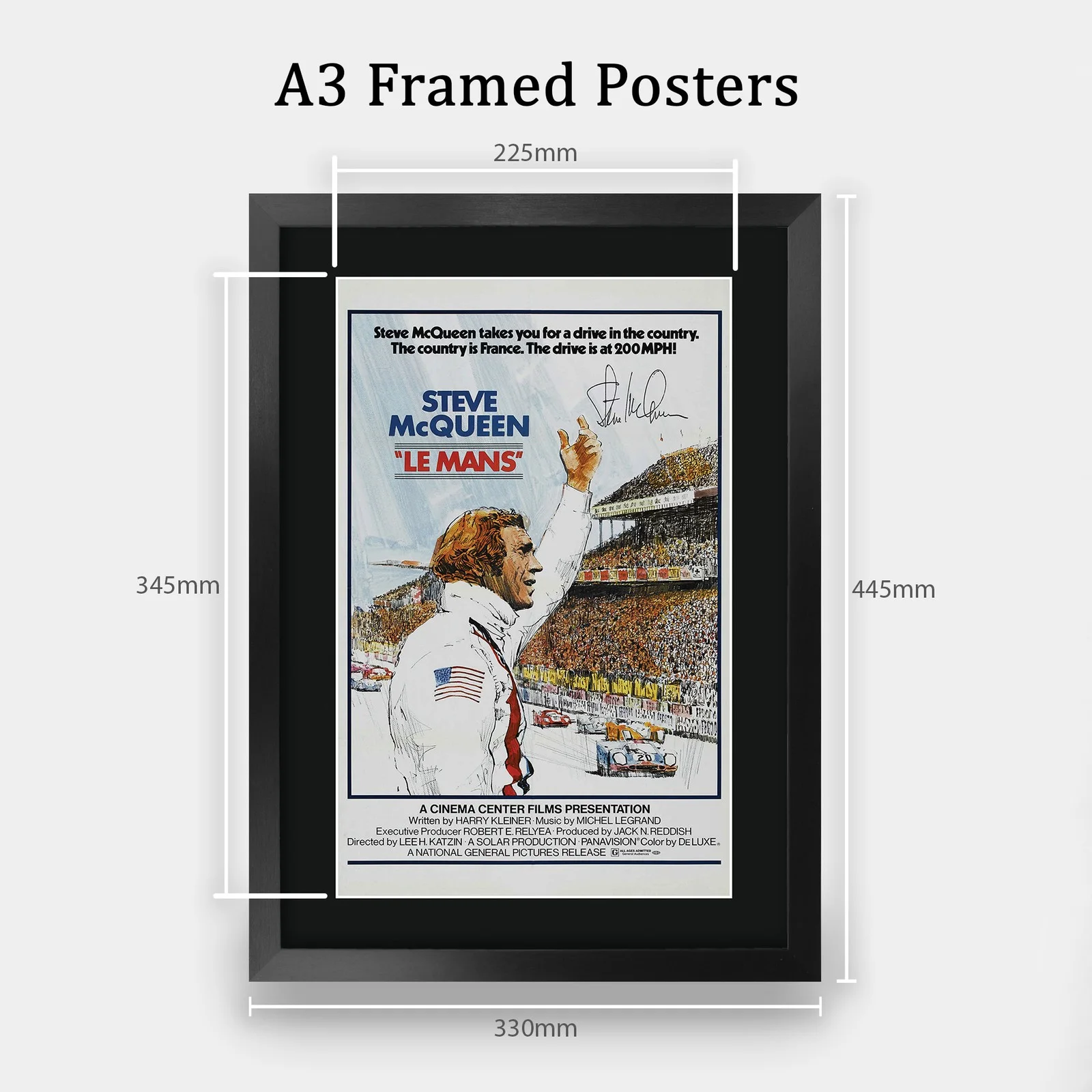 Le Mans 1971 Framed A3 Movie Poster with Pre-Printed Autograph Great Gift, image 2