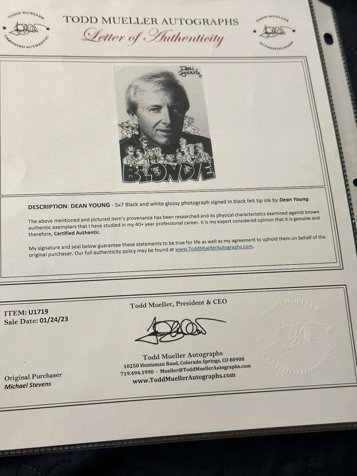 Dean Young — Dean Young Signed 4.5x5.5 Blondie Photo COA Authentication, image 2