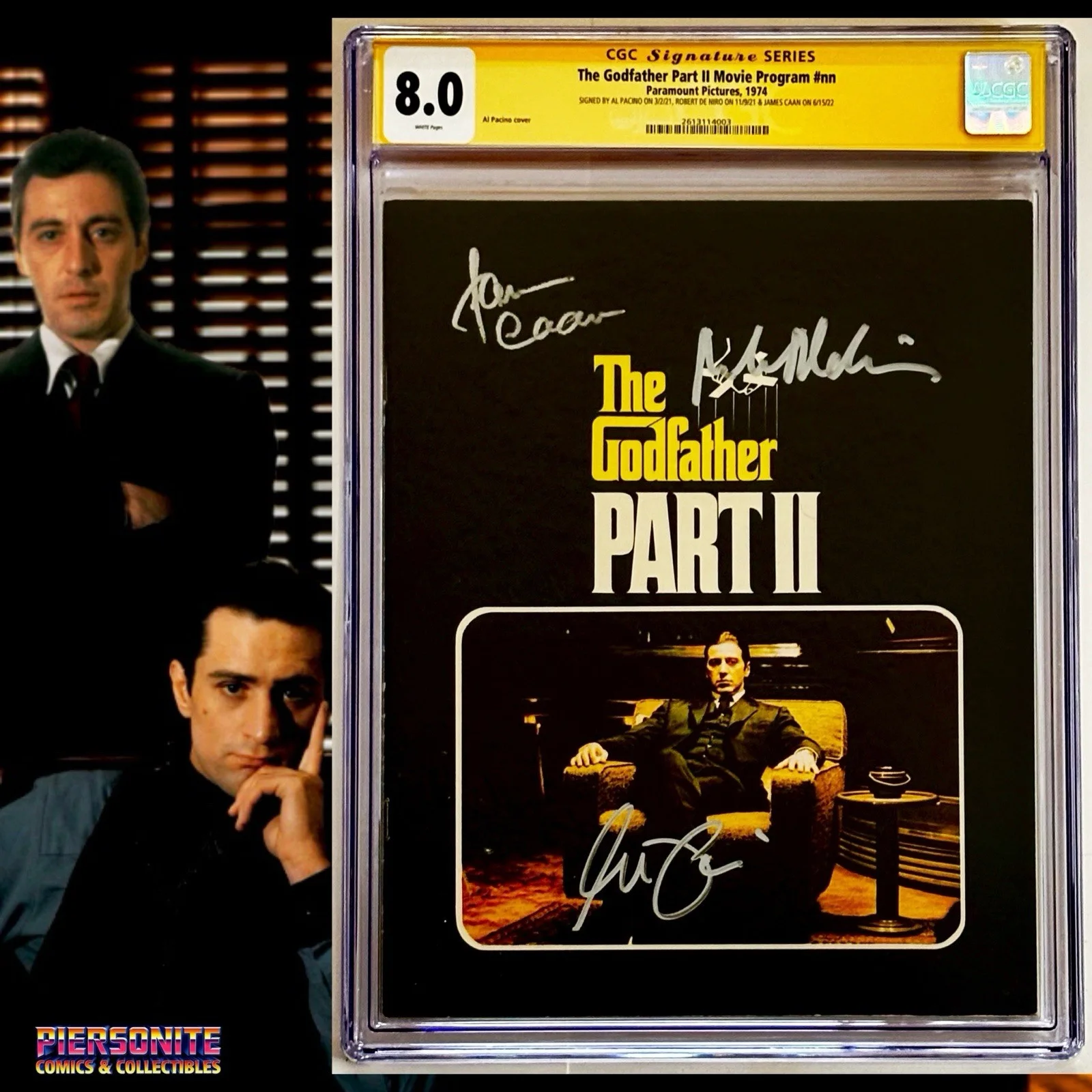 Al Pacino, Robert De Niro, James Caan — CGC 8.0 SS The Godfather Part II Movie Program #nn signed by Pacino De Niro Caan