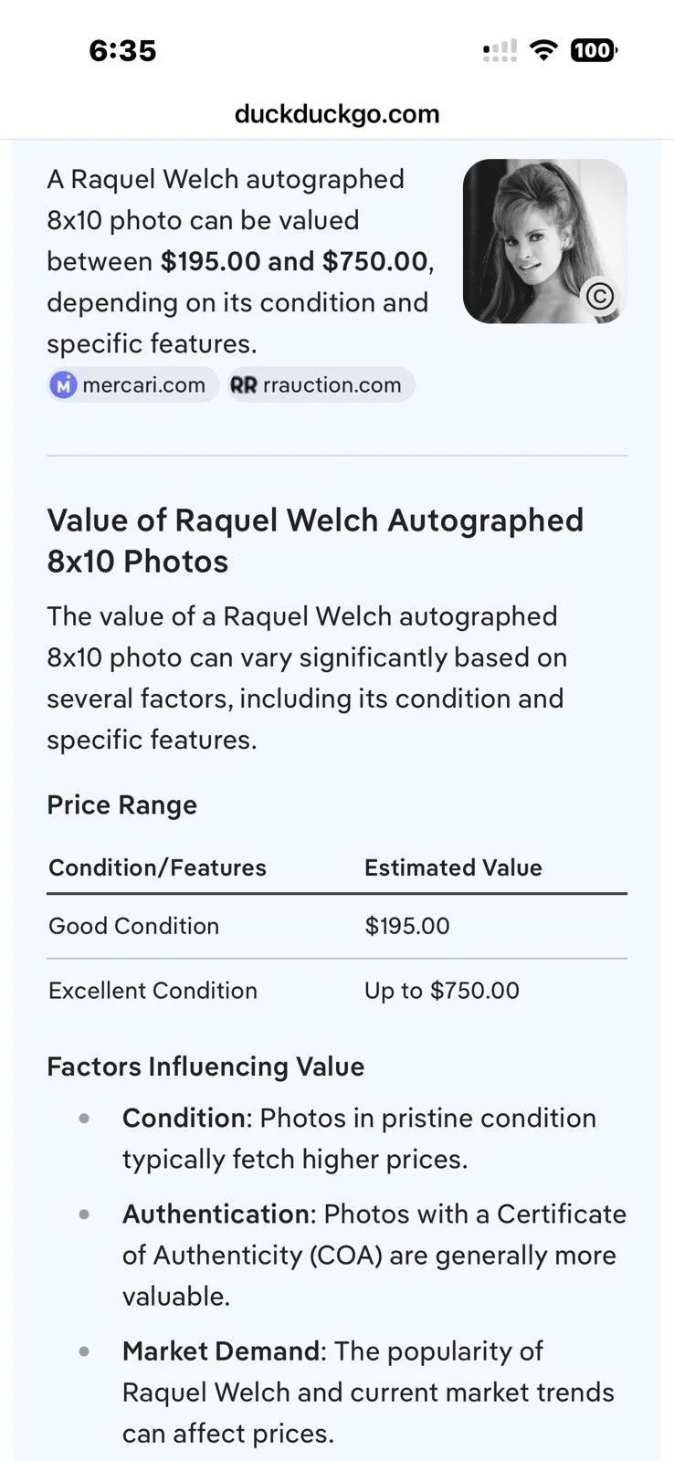 Raquel Welch — Raquel Welch Autographed 8x10 Photo With Certificate Of Authenticity, изображение 3