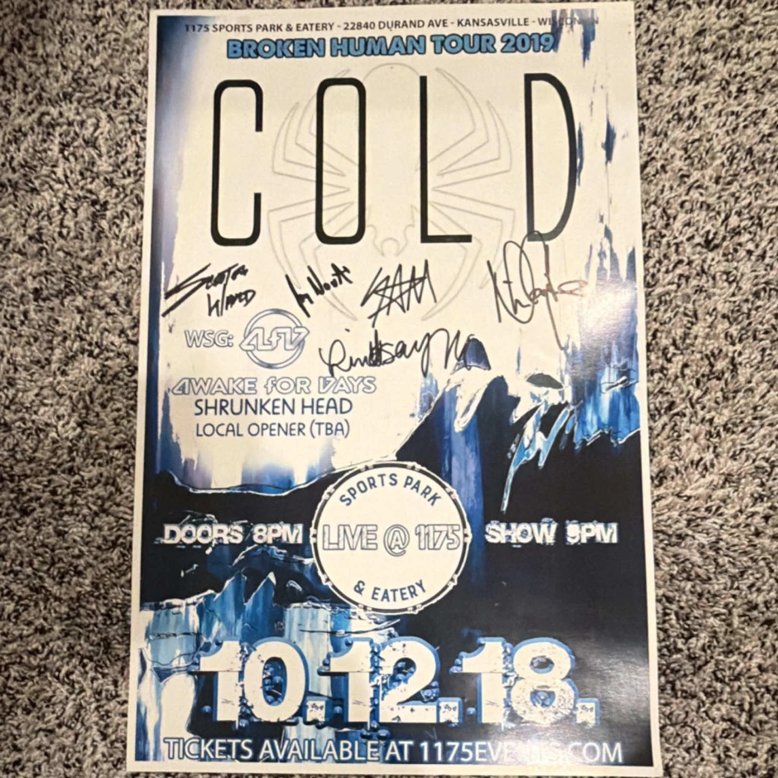 Cold Broken Human Tour 2019 Signed Concert Poster 10/12/18 Live @ 1175, image 2