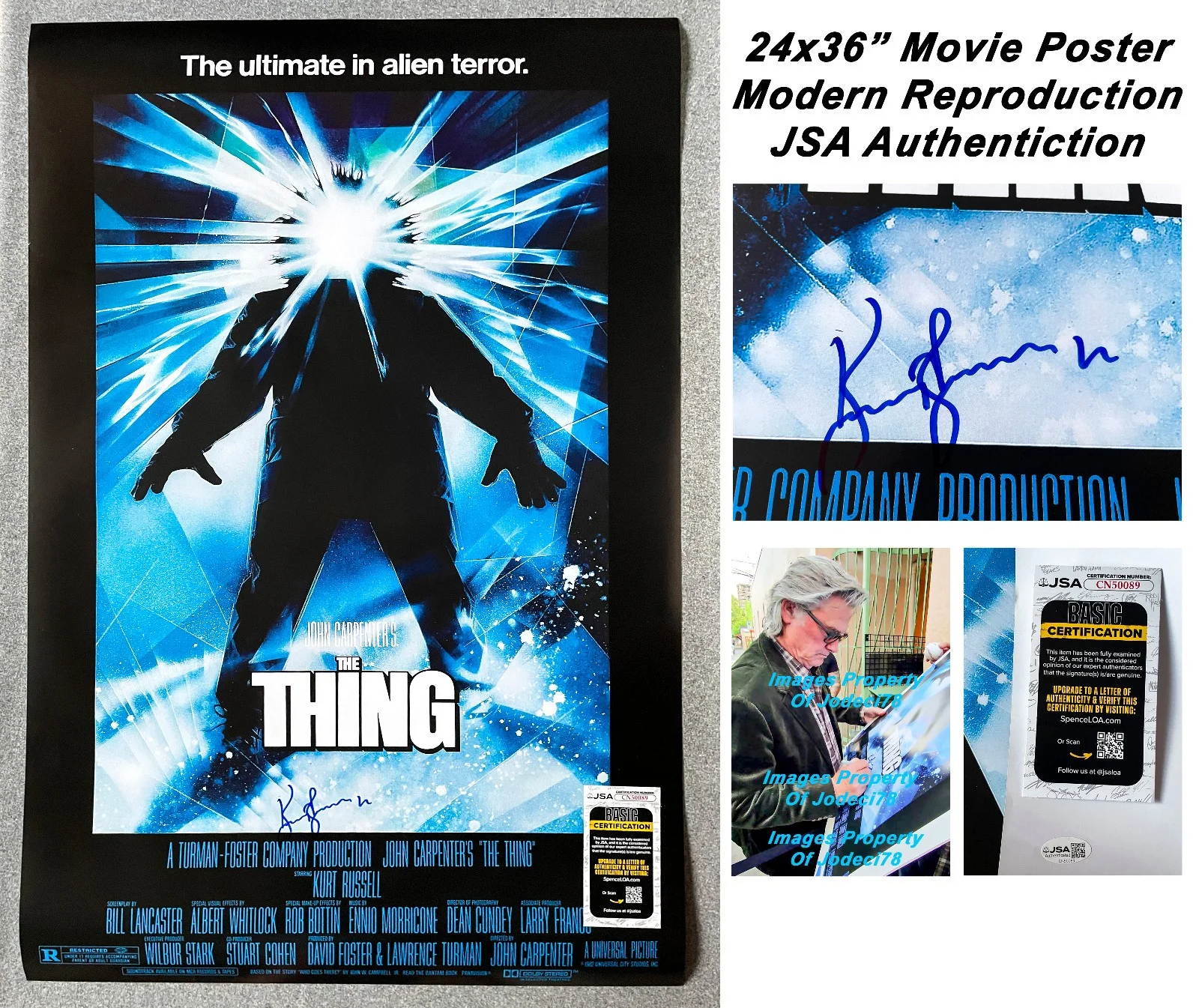 Kurt Russell — Kurt Russell Signed THE THING 24x36 Full Size Movie Poster EXACT Proof JSA COA A