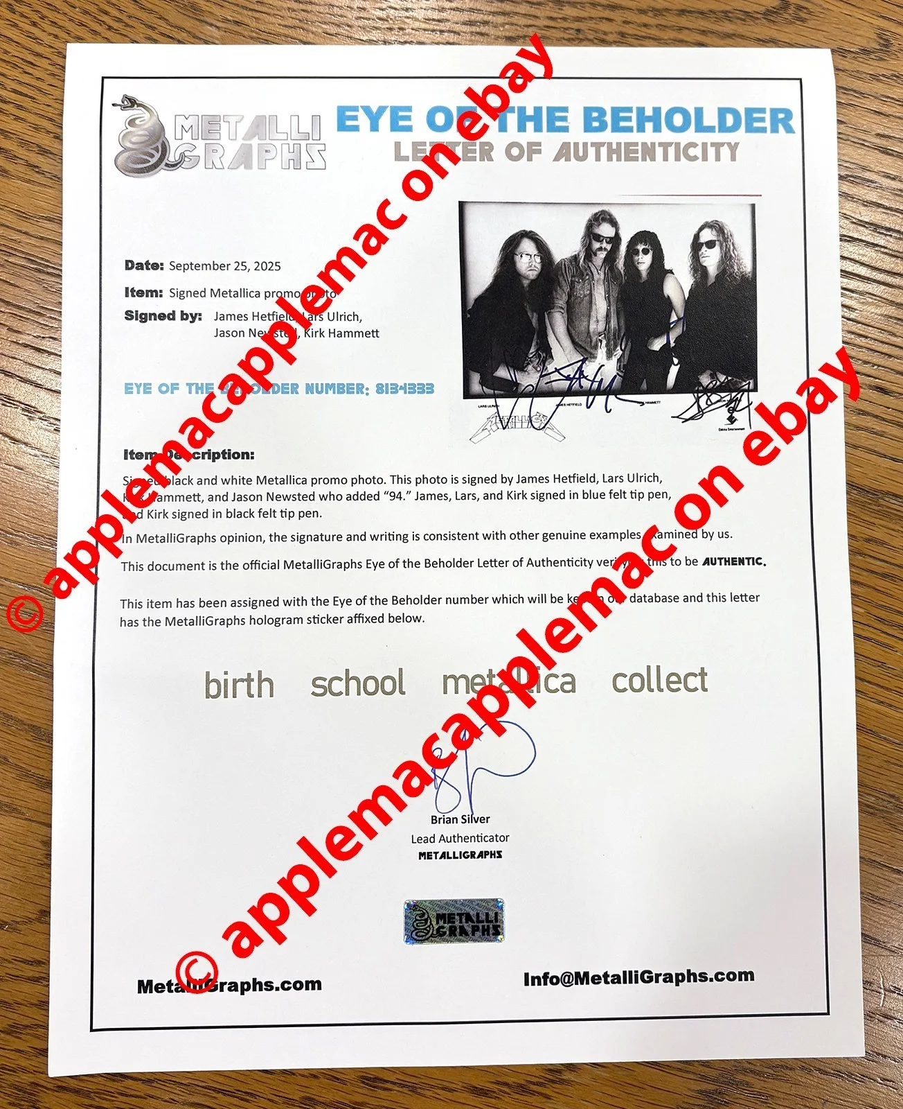 METALLICA Signed 8x10 Photo IN PERSON - WITH FULL LETTER OF AUTHENTICITY COA, изображение 3