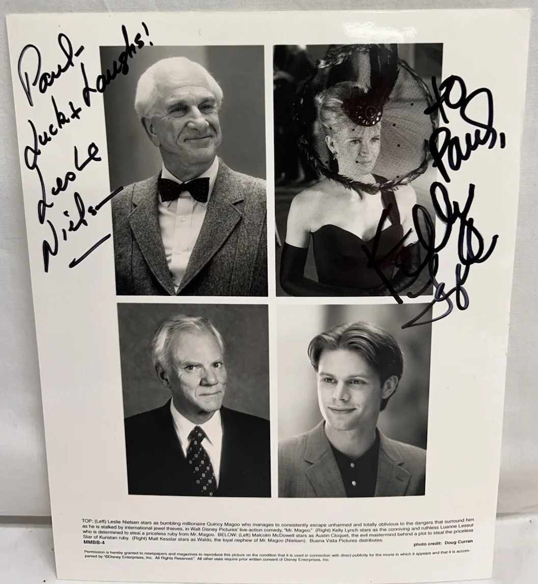 Leslie Nielsen, Kelly Lynch — Leslie Nielsen & Kelly Lynch in Mr Magoo Signed B/W 8x10 Picture Personalized, изображение 2