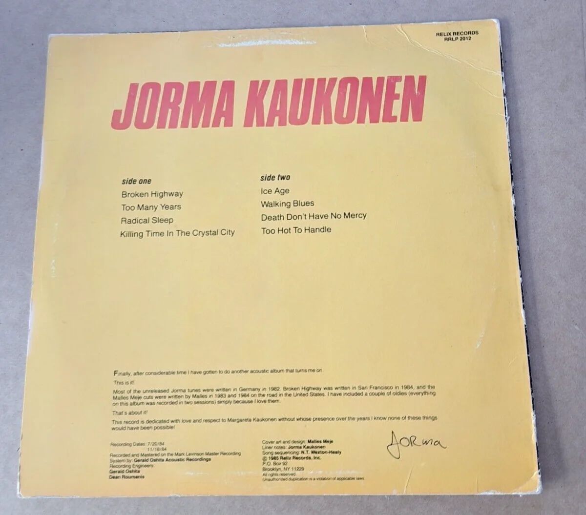 Jorma Kaukonen Autographed Vinyl LP Album To Hot To Handle Jefferson Airplane, изображение 3