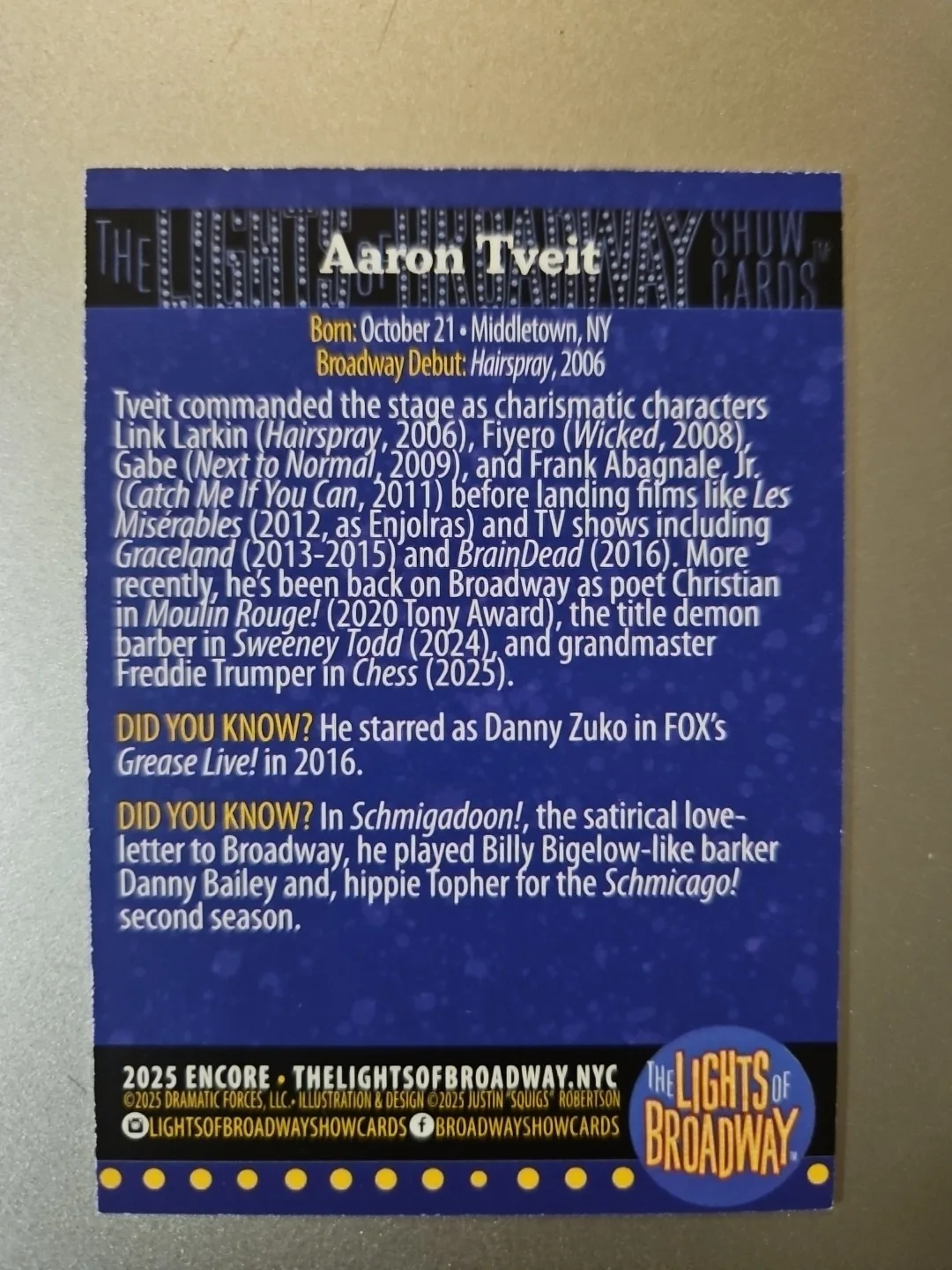 Nicholas Christopher — Aaron Tveit Lights Of Broadway Card Signed By Aaron Tveit ³, изображение 2