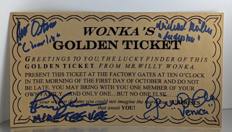 Peter Ostrum, Michael Bollner, Paris Themmen, Julie Dawn Cole — Willy Wonka Golden Ticket 4x Cast Signed Ostrum Bollner Themmen Julie Dawn Cole
