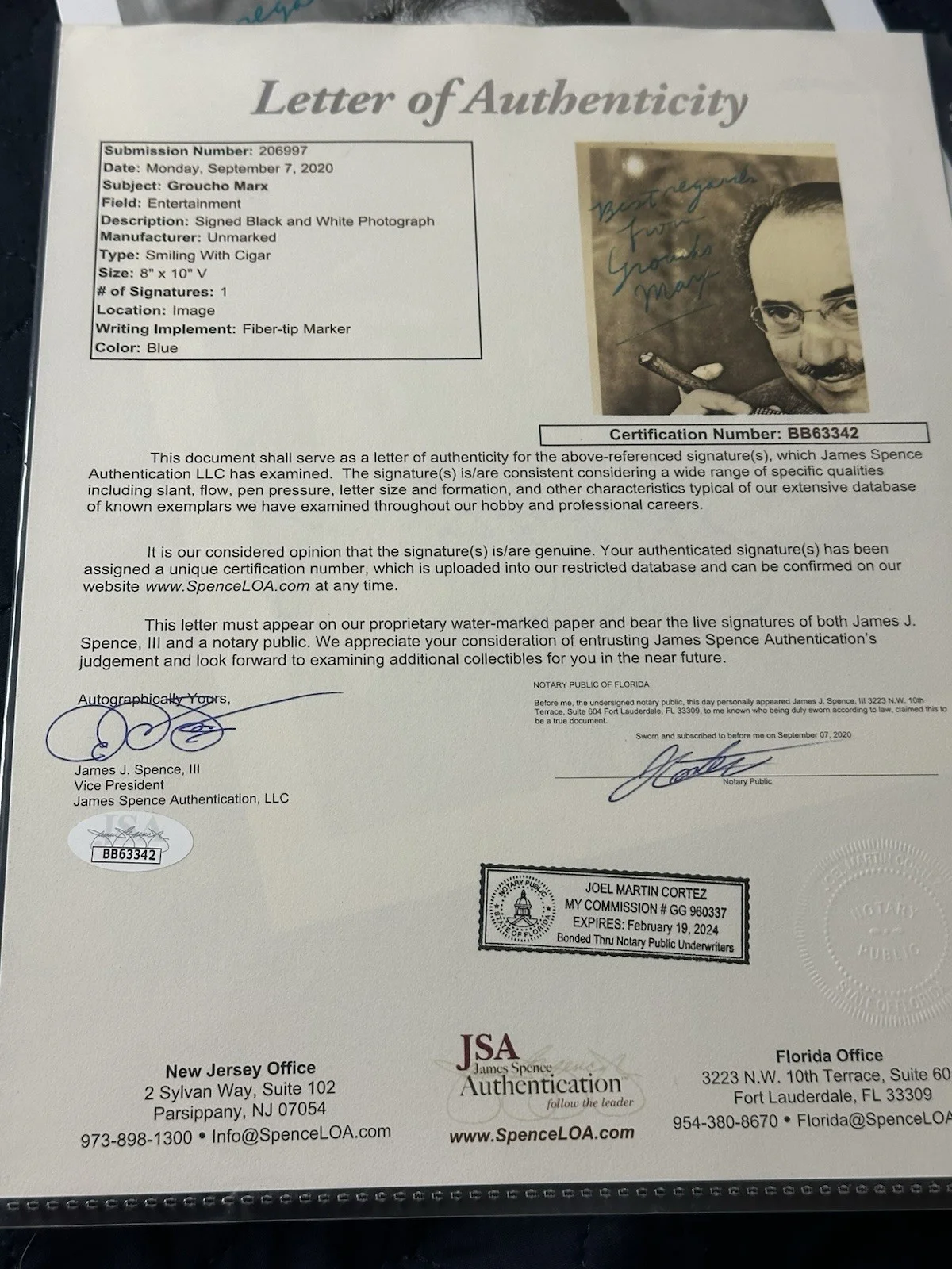 Groucho Marx Autographed 8x10 Photo Comedian Actor TV Star JSA Letter, изображение 3