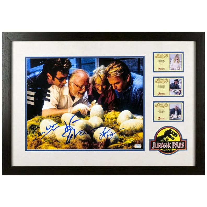 Sam Neill, Jeff Goldblum, Laura Dern — Sam Neill Laura Dern Jeff Goldblum Autographed 1993 Jurassic Park 11x14 Display