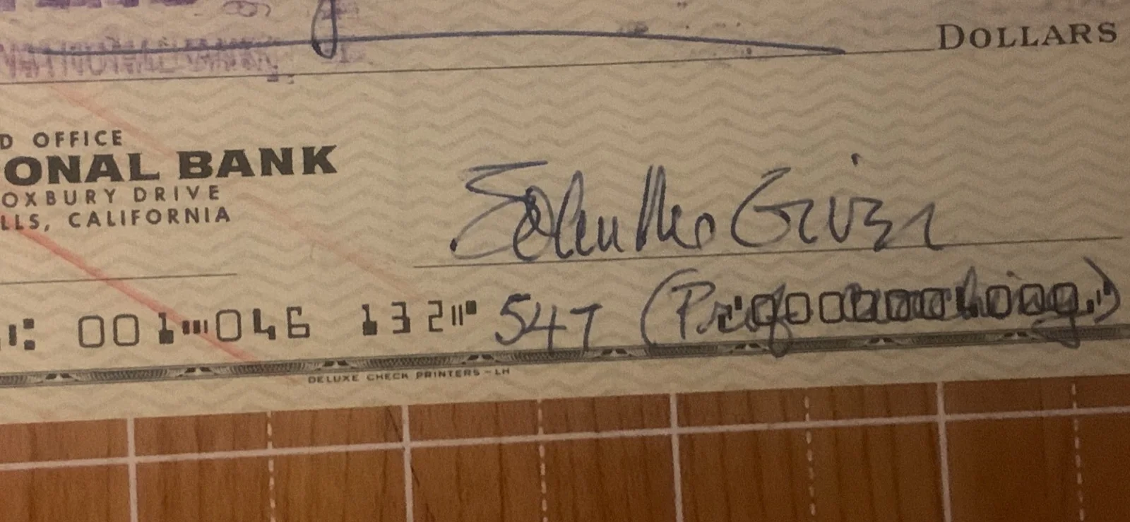 John McGiver — JOHN MCGIVER Signed Authentic Vintage Bank Check 1970 Breakfast at Tiffany's, image 2