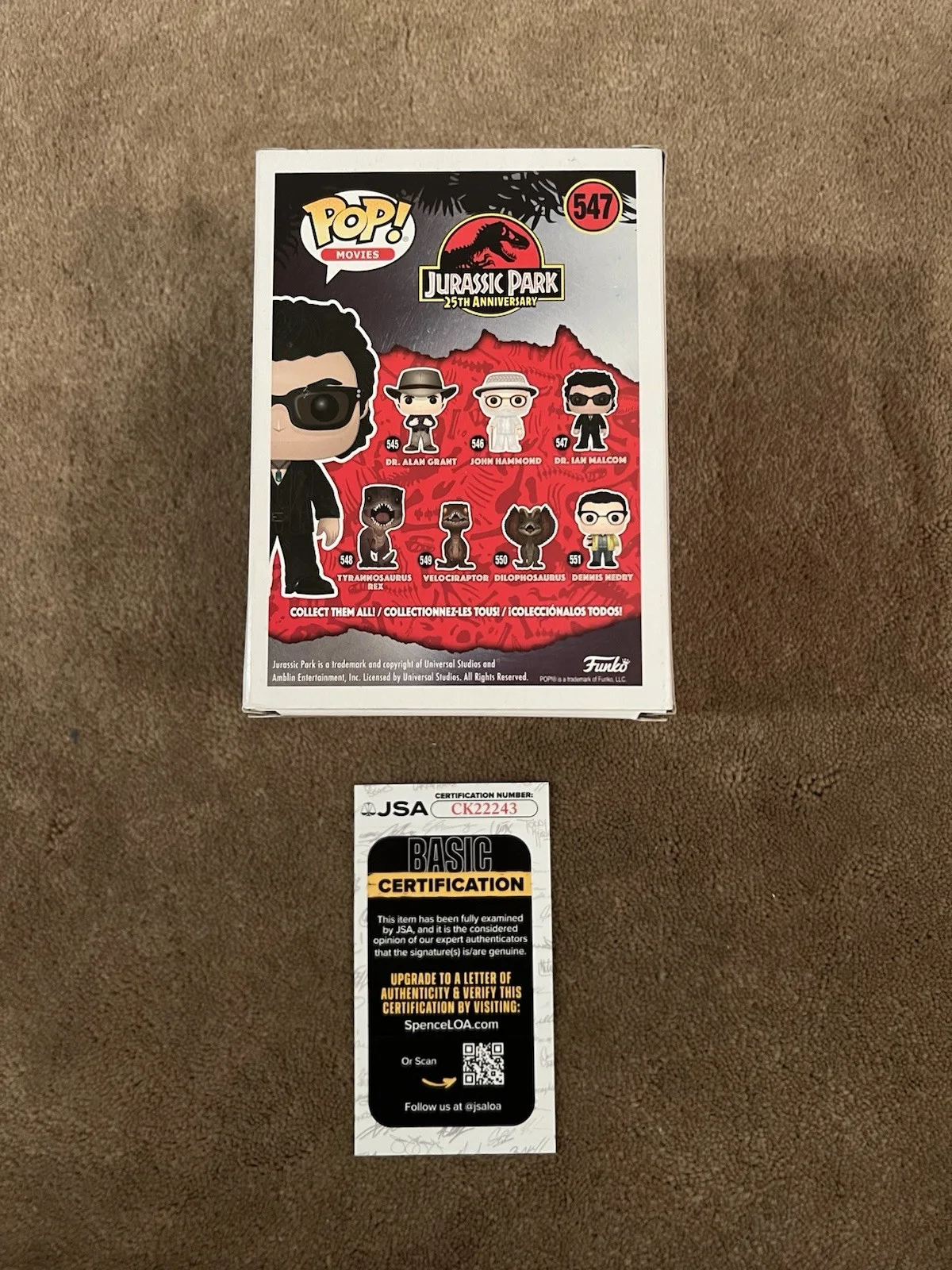 Jeff Goldblum Autographed Funko Pop Dr. lan Malcolm Jurassic World #547 JSA, изображение 4