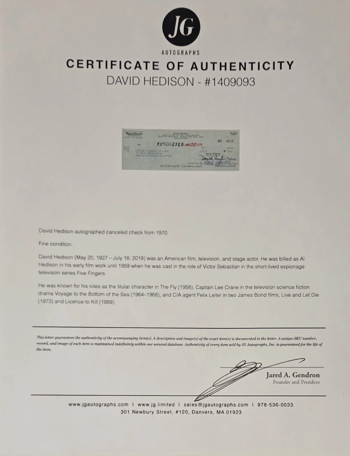 David Hedison — David Hedison Actor James Bond & The Fly Autographed 1970 Canceled Signed Check, image 3