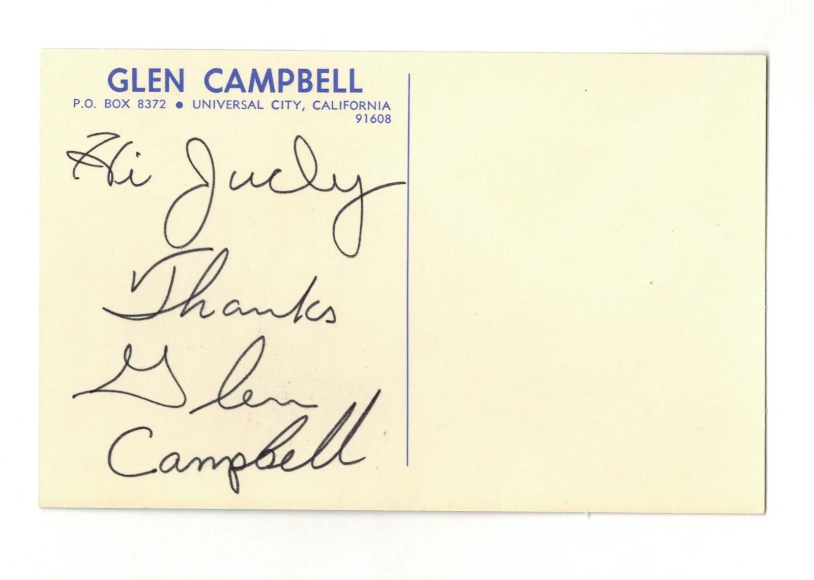 Glen Campbell - Postcard - Autograph - Hi Judy Thanks Glen Campbell, изображение 2