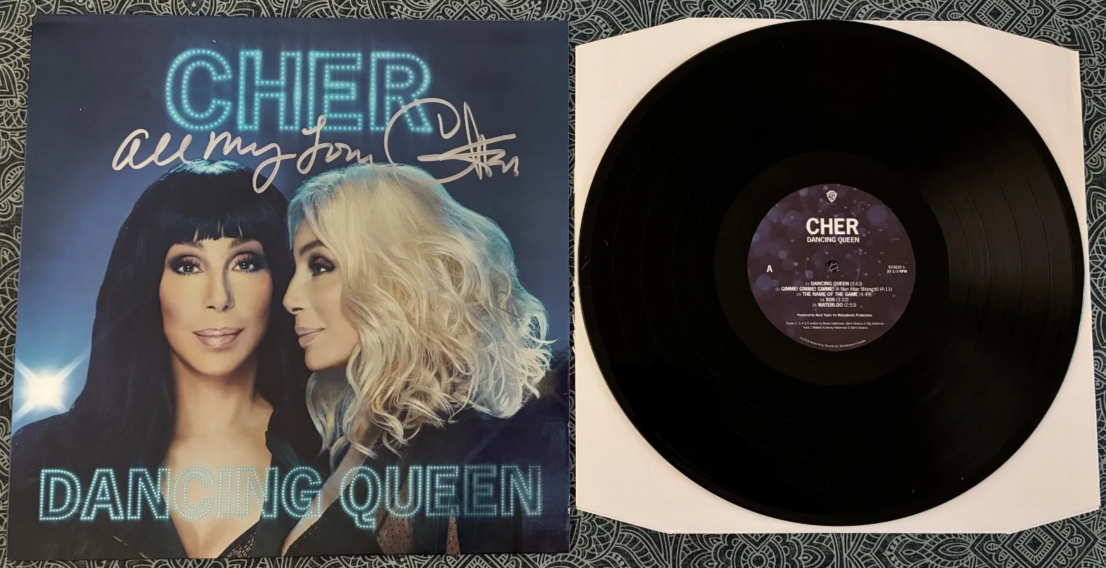 CHER Signed DANCING QUEEN Vinyl LP Album Autographed ABBA Inscription, image 2