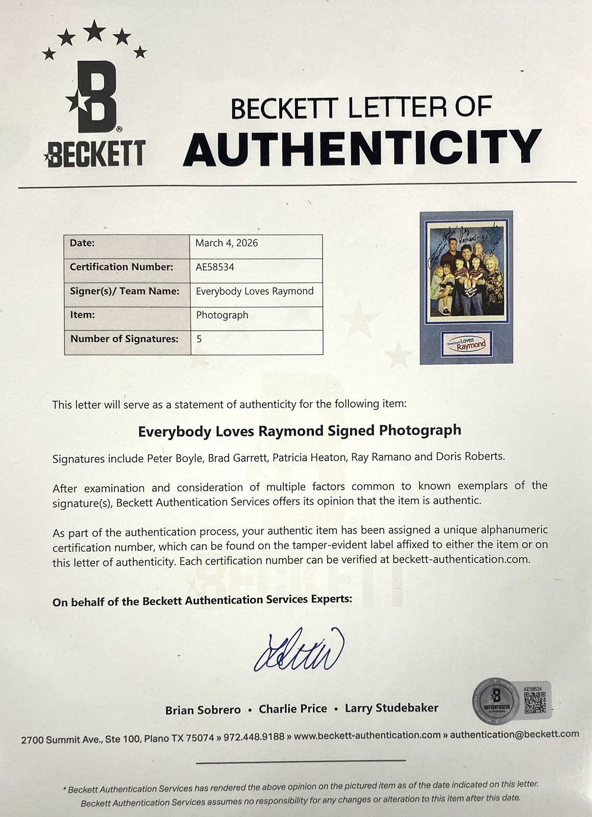 Everybody Loves Raymond Cast Signed Framed Photo – Beckett, изображение 3