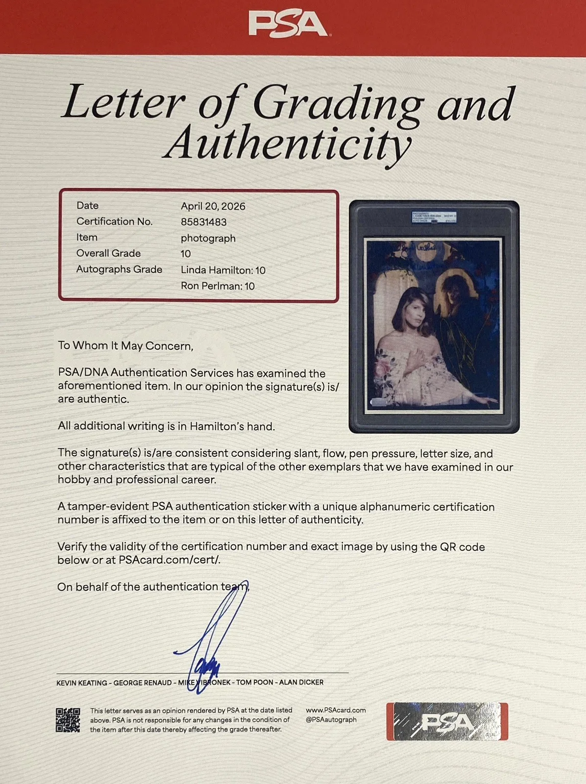 Linda Hamilton & Ron Perlman Signed Beauty and the Beast 8” x 10” Photo – PSA GE, изображение 2