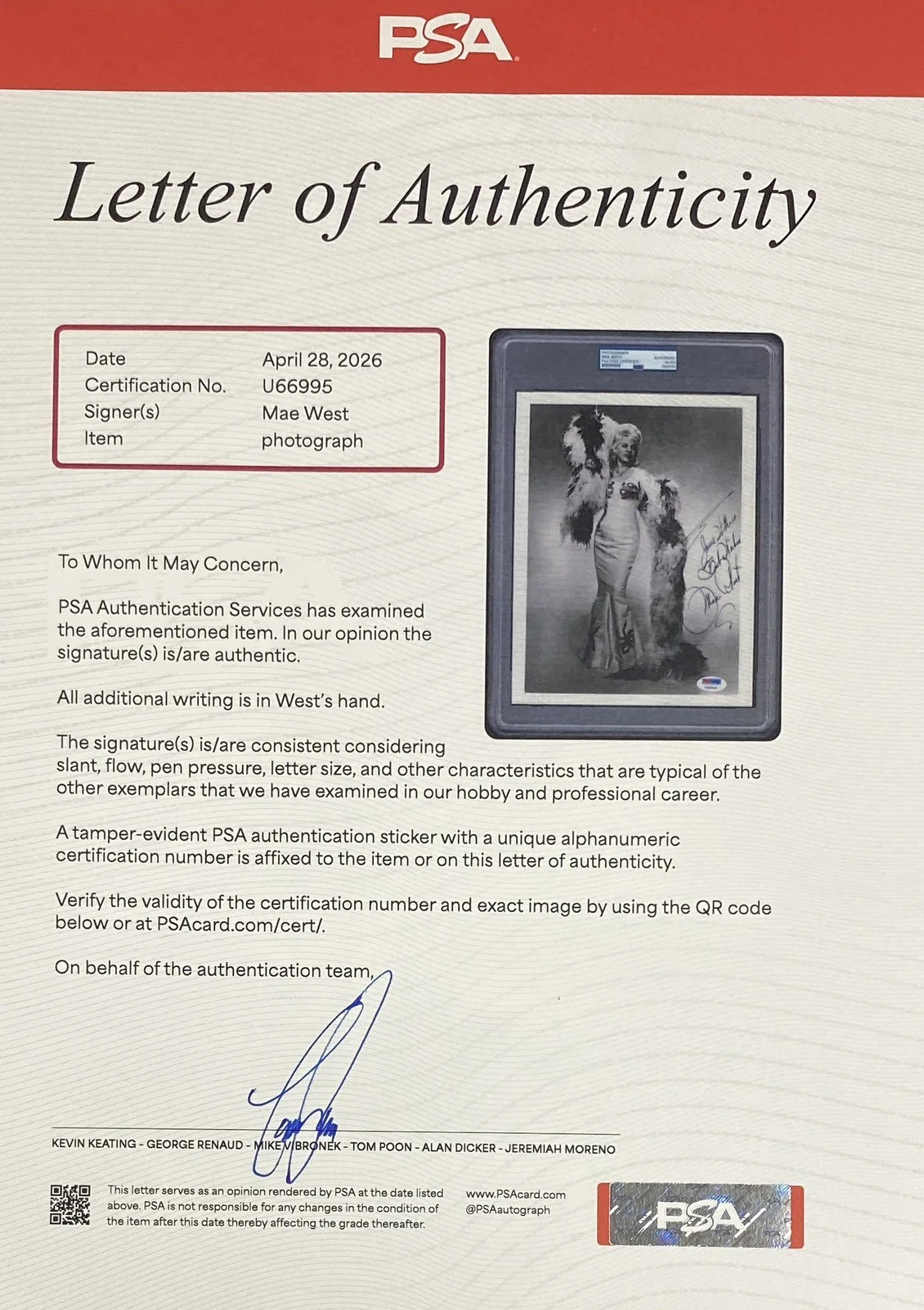 Mae West Signed 8” x 10” Photo – PSA, image 3