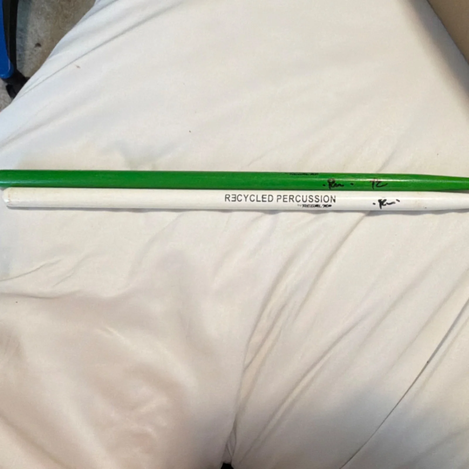 Regal Tip Recycled Percussion Autographed Drum Stick Green & White Original, image 2