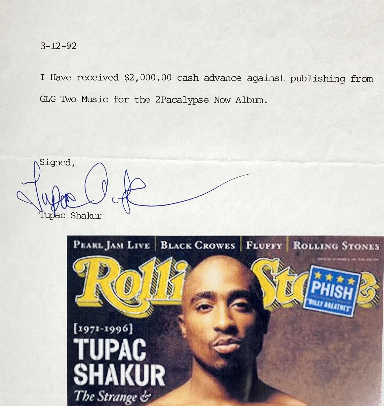 Tupac Shakur Signed 1992 2Pacalypse Now Publishing Document – PSA GEM MINT 10, image 2