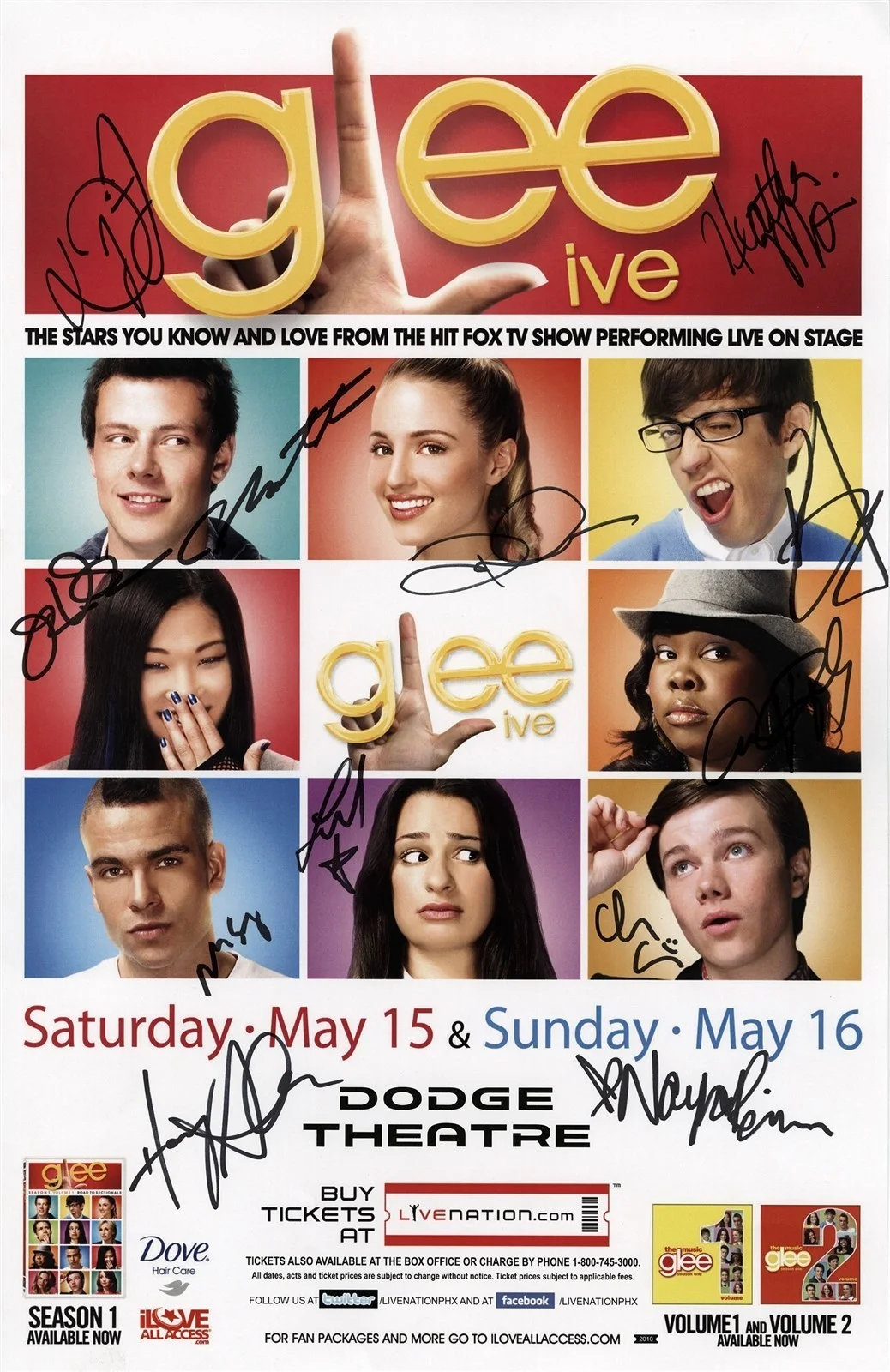 Dianna Agron, Chris Colfer, Kevin McHale, Lea Michele, Cory Monte — GLEE Live 2010 concert tour signed x12 autographed GIG poster JSA authenticity