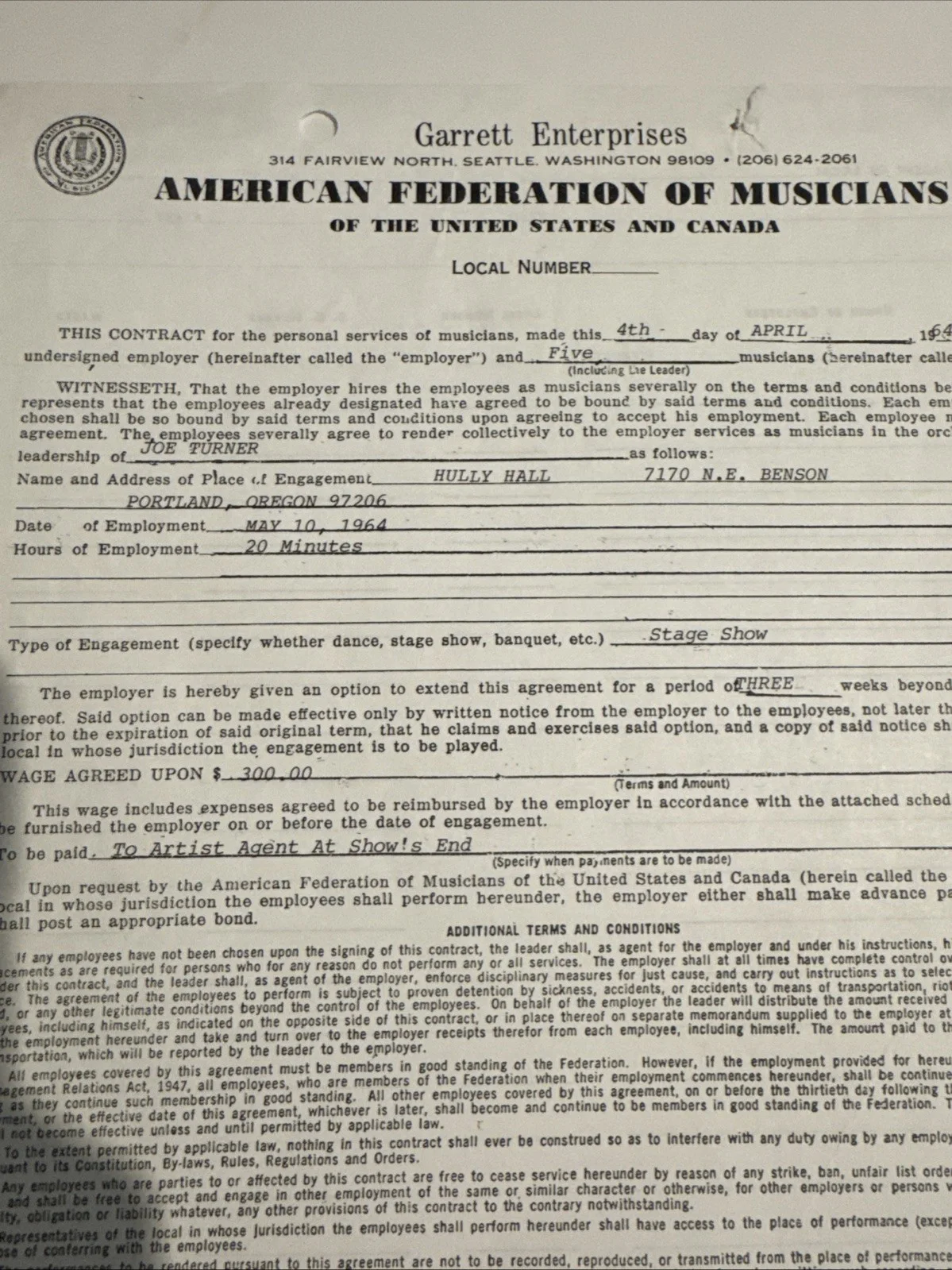 1964 Joe Turner Signed AFM Musician Contract Blues Band Leader Autograph, изображение 2