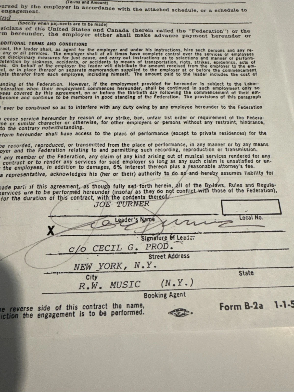 1964 Joe Turner Signed AFM Musician Contract Blues Band Leader Autograph, изображение 3
