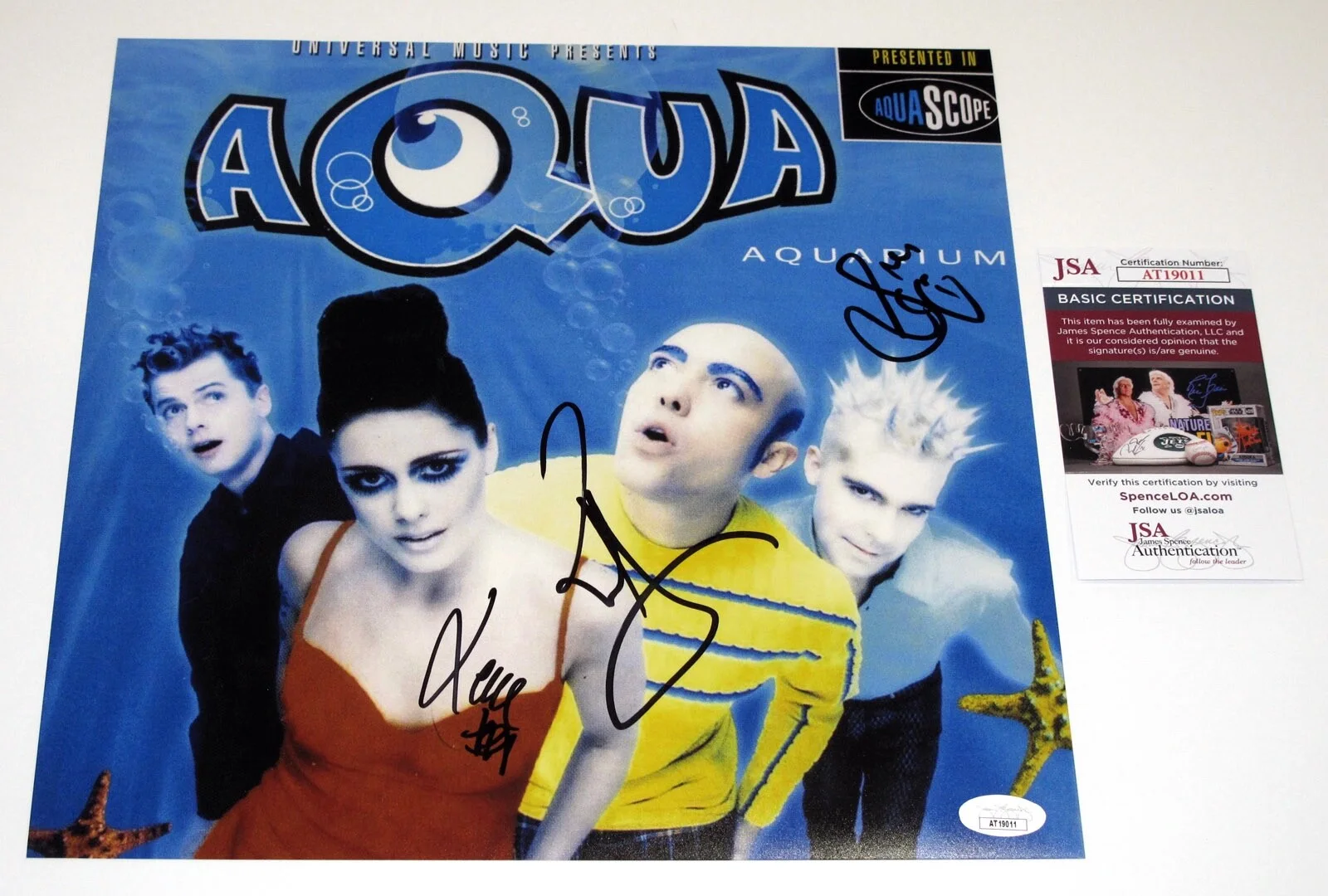 AQUA - Lene Nystrom, Rene Dif, Soren Rasted — AQUA Band signed by 3 "AQUARIUM" 12x12 PHOTO b EXACT PROOF Barbie Girl JSA COA, изображение 5