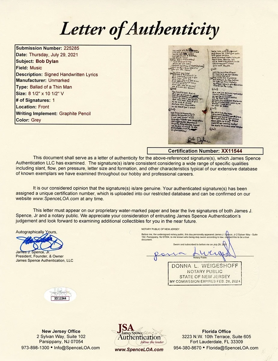 Bob Dylan 1965 “Ballad of a Thin Man” Original Handwritten & Signed Lyrics (JSA), изображение 2
