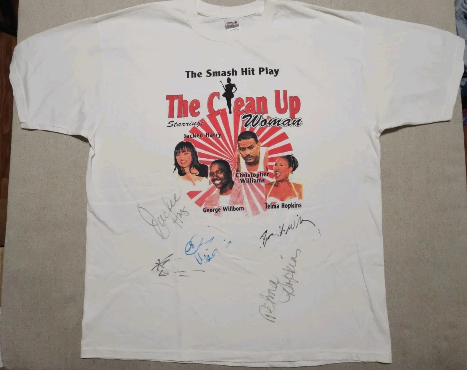 Jackee Harry Telma Hopkins Christopher Williams George Willborn — RARE The Clean Up Woman Play T-Shirt Signed By Cast Telma Hopkins Jackee Harry, изображение 2