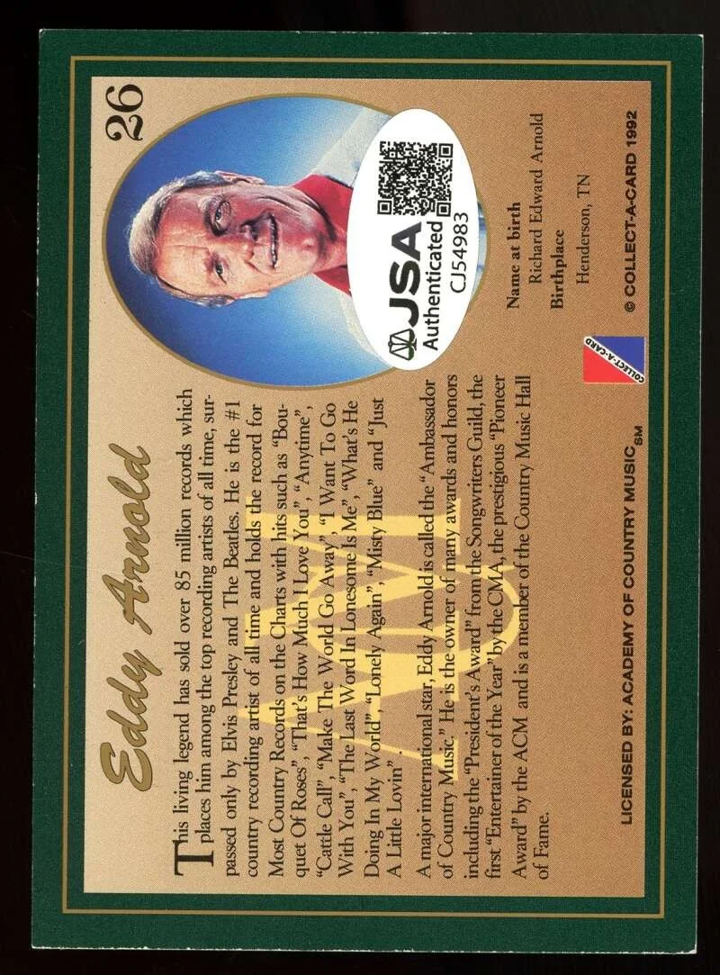 Eddy Arnold — Eddy Arnold JSA Coa Signed 1992 ACM Country Classics Autograph, image 2